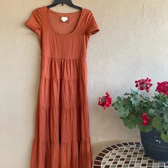 Maeve by Anthropologie Gillian Tiered Orange Short Sleeve Maxi Dress Size Small - Picture 1 of 5